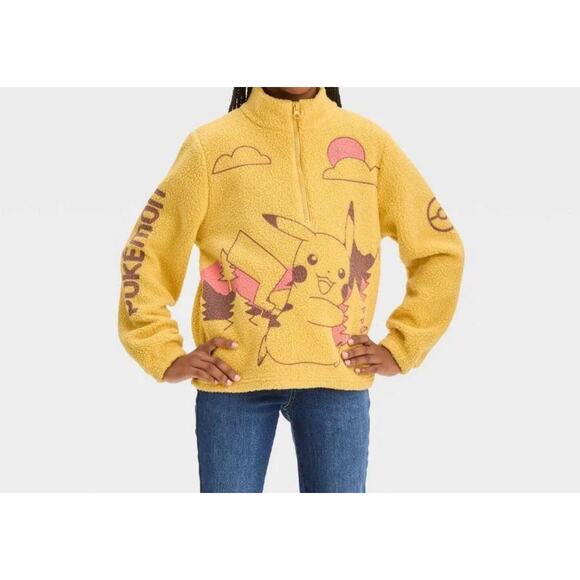 Pokemon Girls Youth Pikachu Fuzzy Fleece 1/4 Zip Mock Neck Pullover Sweatshirt - Picture 2 of 6